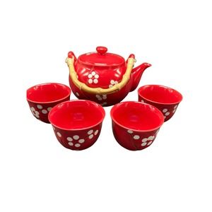 World Market Blossom Tea Set Teapot with Bamboo Handle & 4 Cups